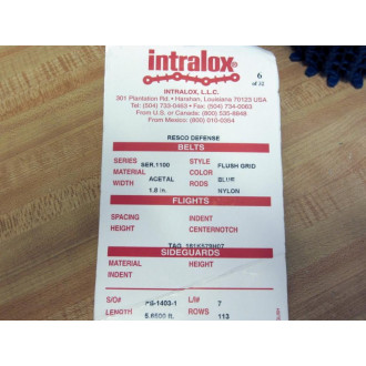 Intralox 161K579H07 Ser.1100 Flush Grid Blue Acetal Belt wNylon Rods
