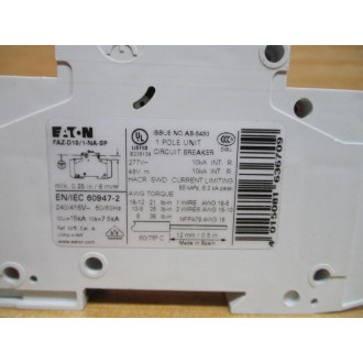 Cutler Hammer FAZ-D101-NA-SP Eaton 10A Breaker  FAZ-D101NA - Used