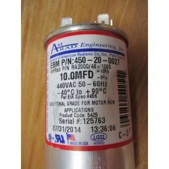 AmRad Engineering 450-20-0027 EBM Capacitor 10.0MFD 440VAC - Used