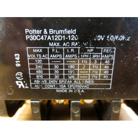 Potter & Brumfield P30C47A12D1-120 Contactor P30C47A12D1120 - Used