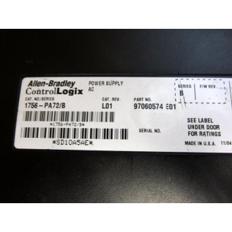 Allen Bradley 1756-PA72 Control Logix 1756PA72 Ser.B, Rev.L01, WO Cover - Used