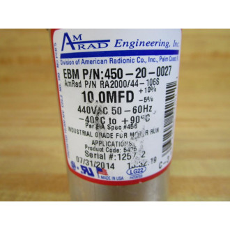 AmRad Engineering 450-20-0027 EBM Capacitor 10.0MFD 440VAC - New No Box