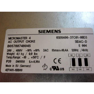 Siemens 6SE6400-3TC01-0BD3 MICROMASTER 4 AC Output Choke - Used