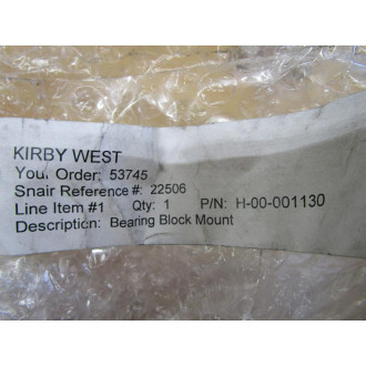 Kirby West H-00-001130 Bearing Block Mount H00001130 - New No Box