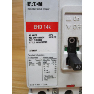 Cutler Hammer EHD3040 Eaton 40A Circuit Breaker - Used