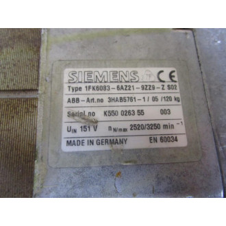 Siemens 1FK6083-6AZ21-9ZZ9-ZS02 ABB Servo Motor 3HAB5761-105120KG - Used