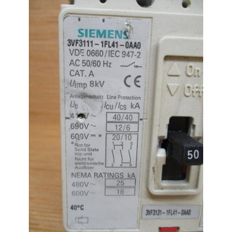 Siemens 3VF3111-1FL41-0AA0 50A Circuit Breaker Damaged Plastic - Used