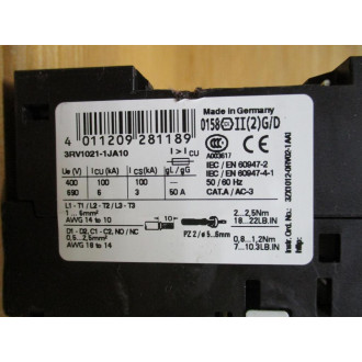 Siemens 3RV1021-1JA10 Circuit Breaker 3RV10211JA10 - Used