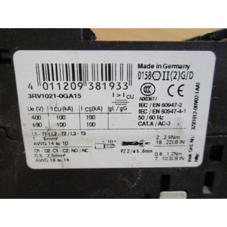 Siemens 3RV1021-0GA15 Circuit Breaker 3RV10210GA15 W3RV1901-1E - Used