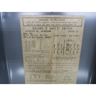 Square D HU363AWK Safety Switch Series E1 - Used