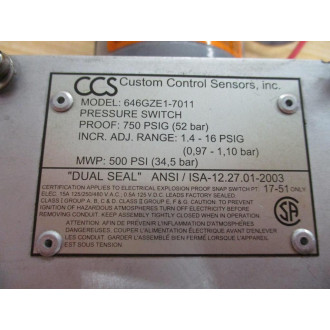 Custom Control Sensors 646GZE1-7011 CSS Dual-Snap Pressure Switch - New No Box