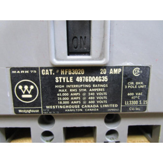 Westinghouse HFB3020 20A Circuit Breaker 4976D04G35 - New No Box