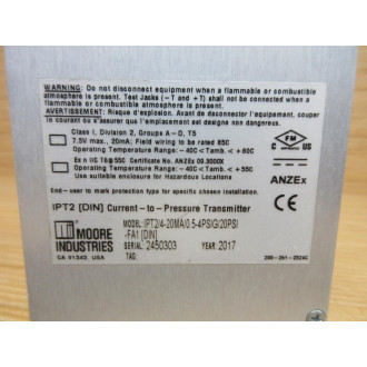 Moore Industries IPT24-20MA0.5-4PSIG20PSI-FA1(DIN) Transmitter - New No Box