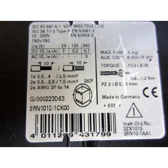 Siemens 3RN1012-1CK00 Thermister Motor Protector 3RN10121CK00 - Used
