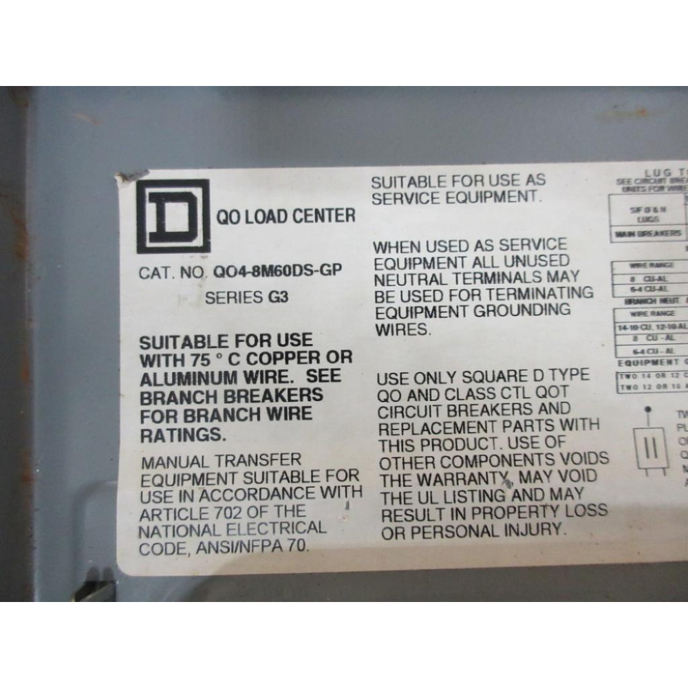 Load Out Square Square D QO4-8M60DS-GP QO Load Center Q4-8M60DS-GP Enclosure Only - Used