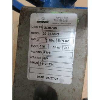 Orbinox 22-3636RI Gate Valve 223636RI 3" - Used
