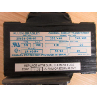 Allen Bradley 25634-098-01 Control Circuit Transformer 2563409801 - Used