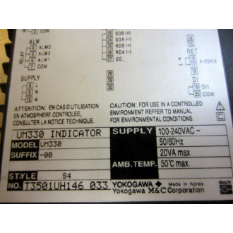 Yokogawa UM3300 Digital Indicator wAlarms UM3300-00 wMounting Brackets - Used