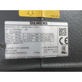 Siemens 1FK7063-5AF71-1FU5-Z Servo Motor W Reducer - New No Box