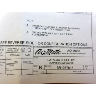 Aquamatic 1070120 Diaphragm Valve Repair Kit 425-RF