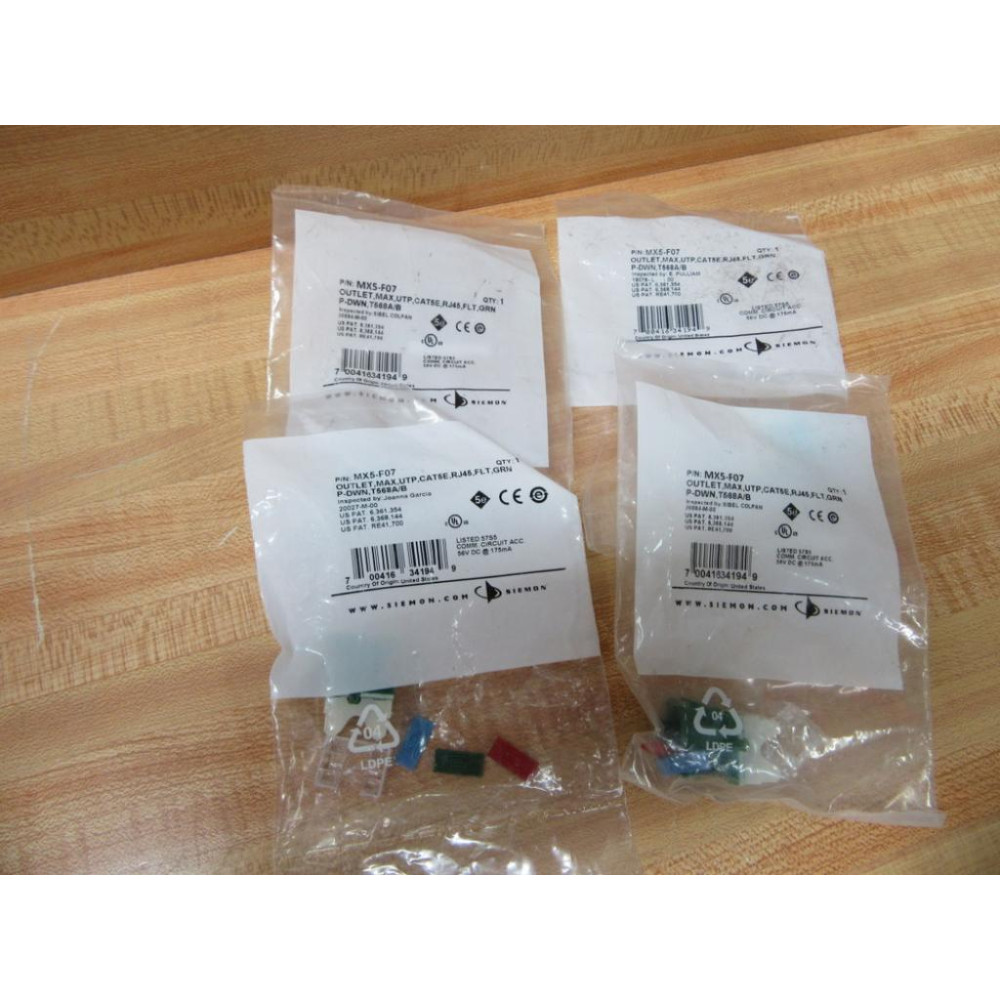 Siemon MX5-F07 Outlet,1-Port Flat Mod Jack,CAT5E,RJ45,Green MX5F07 (Pack of 4) Siemon MX5-F07 Outlet,1-Port Flat Mod Jack,CAT5E,RJ45,Green MX5F07 (Pack of 4)