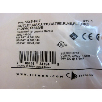 Siemon MX5-F07 Outlet,1-Port Flat Mod Jack,CAT5E,RJ45,Green MX5F07 (Pack of 4)