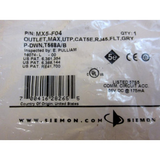 Siemon MX5-F04 Outlet, 1-Port Mod Jack, CAT5E, RJ45,Gray MX5F04 (Pack of 4)