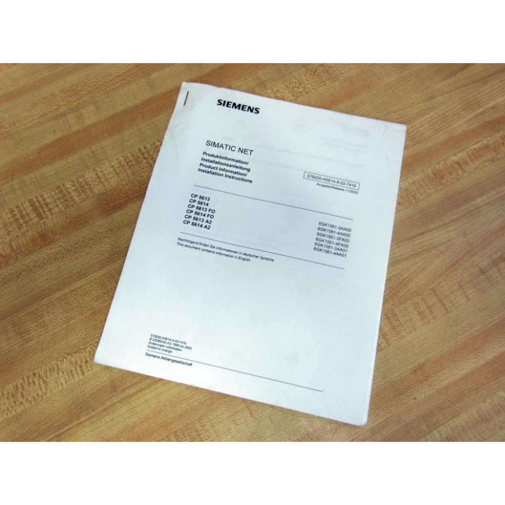 Siemens S79220-A5814-X-03-7419 Product InformationInstallation Instructions - New No Box Siemens S79220-A5814-X-03-7419 Product InformationInstallation Instructions - New No Box
