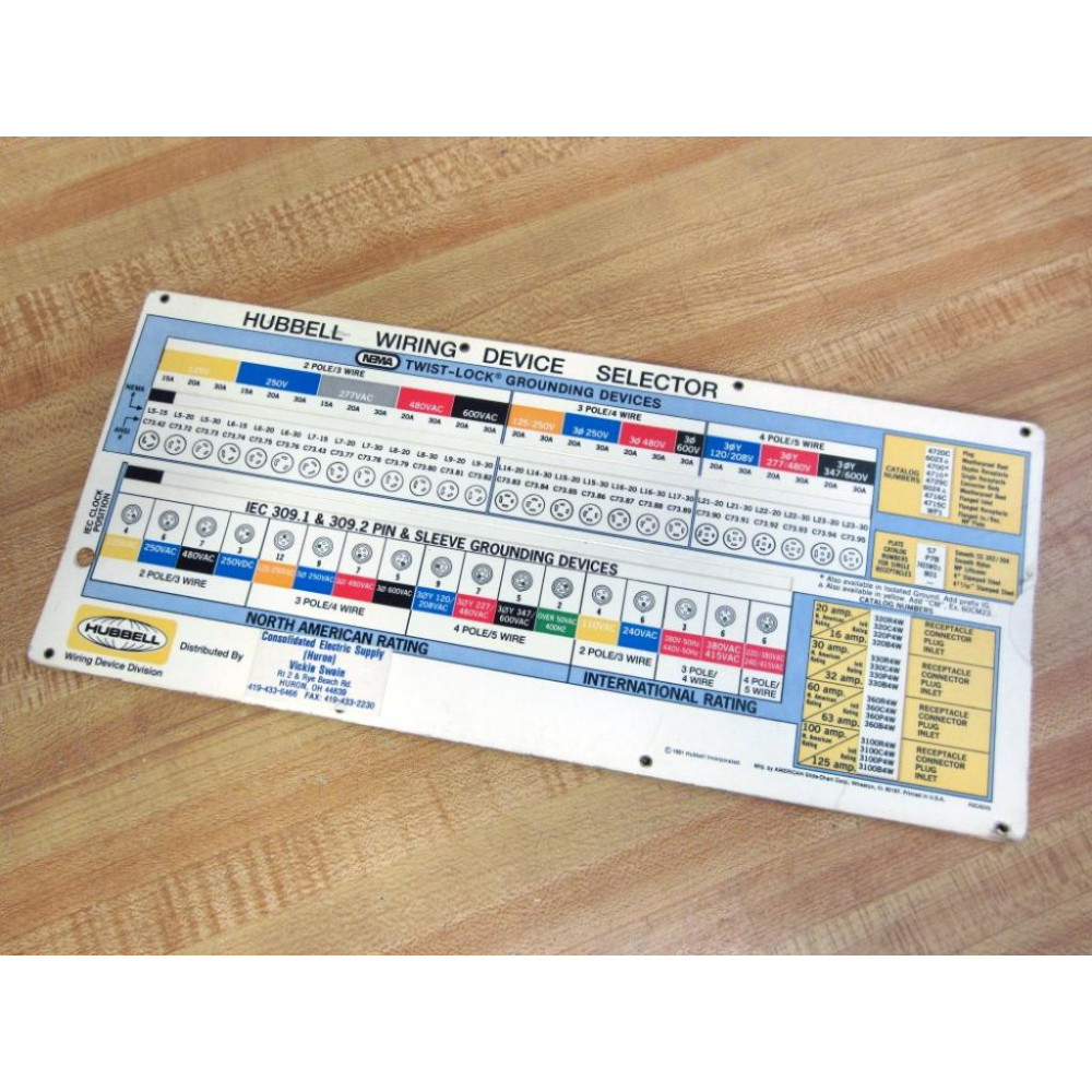 Hubbell ASC8245 Wiring Device Selector wPull-Out Chart H4387 - New No Box Hubbell ASC8245 Wiring Device Selector wPull-Out Chart H4387 - New No Box