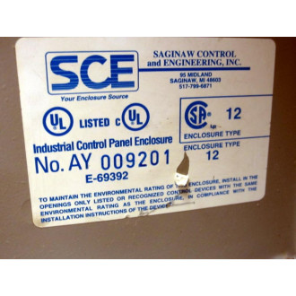 SCE AY009201 Industrial Control Panel Type 12 Enclosure E69392 - Used