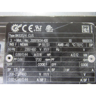 Nord SK63S4 CUS Motor SK63S4CUS 0.16HP 1700 RPM WO Plate Cover - Used