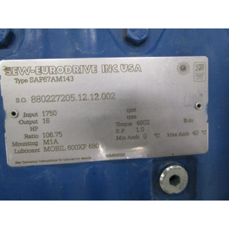 SEW 880227205.12.12.002 Eurodrive Motor SAF67AM143 Tested - Refurbished