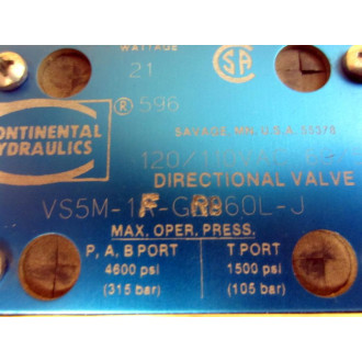 Continental Hydraulics VS5M-1F-GR860L-J Directional Valve VS5M1FGR860LJ - New No Box