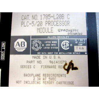 Allen Bradley 1785-L20B Processor Module 96141079,Ser.C FW Rev.C2 WKey - Used