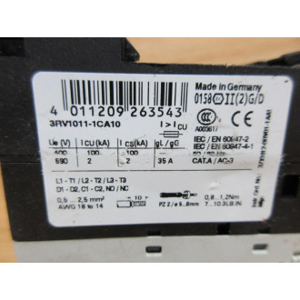 Siemens 3RV1011-1CA10 Circuit Breaker 3RV10111CA10 W3RV1901-1D - Used