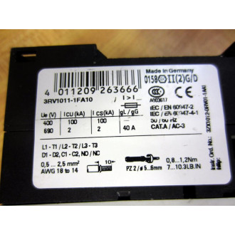 Siemens 3RV1011-1FA10 Circuit Breaker 3RV10111FA10 - Used