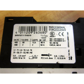 Siemens 3RV1011-1HA10 Circuit Breaker 3RV10111HA10 - Used