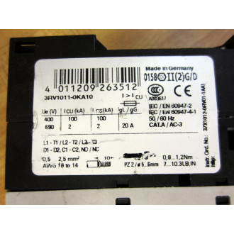Siemens 3RV1011-0KA10 Circuit Breaker 3RV10110KA10 W 3RV1901-1E - Used
