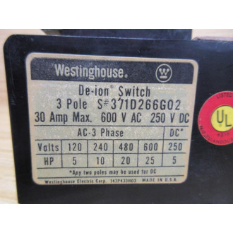 Cutler Hammer 371D266G02 Westinghouse Disconnect Switch - Used