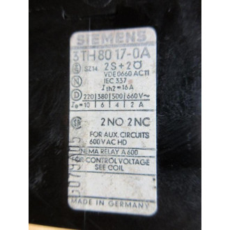 Siemens 3TH8017-0A Contactor 3TH80170A Coil: 24V - Used