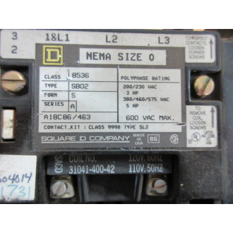 Square D 8536-SBO2 Starter 8536-SB02S W 9999-SB-9 - Used