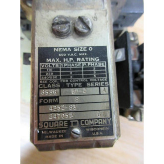 Square D 8536-B0-2-4252-S3 Starter 8536-B0-2 110-115V W 9065-C0-1R - Used