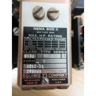 Square D 8536-B0-2-4252-S3 Starter 8536-B0-2 110120V W (2) Relays - Used