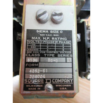 Square D 8536-B0-2-4252-S1 Starter 8536-B0-2 208220V W 2 Relays - Used