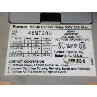 Furnas 46MT20U MT46 Control Relay W 75MT46C - Used