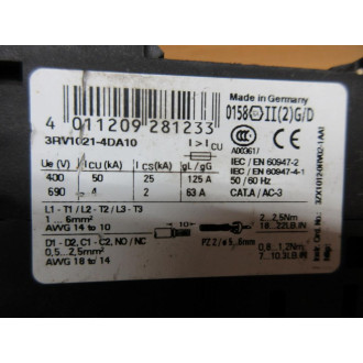 Siemens 3RV1021-4DA10 20-25A Breaker 3RV10214DA10 W 3RV1901-1D - Used