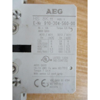 AEG HS 8K.11 Auxiliary Contact 910-304-560-00 - Used