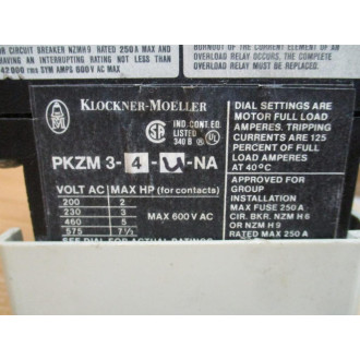 KlocknerMoeller PKZM3-4-U-NA Motor Starter PKZM34UNA W HI22-PKZM3 - Used