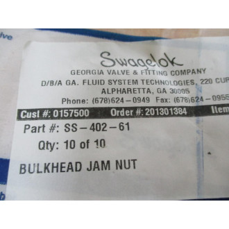 Swagelok SS-402-61 Bulkhead Jam Nut SS40261 (Pack of 10)