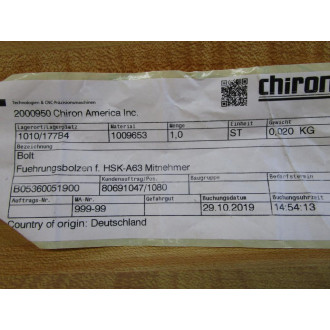 Chiron America HSK-A63 Guide Pin Driver 2000950 - New No Box